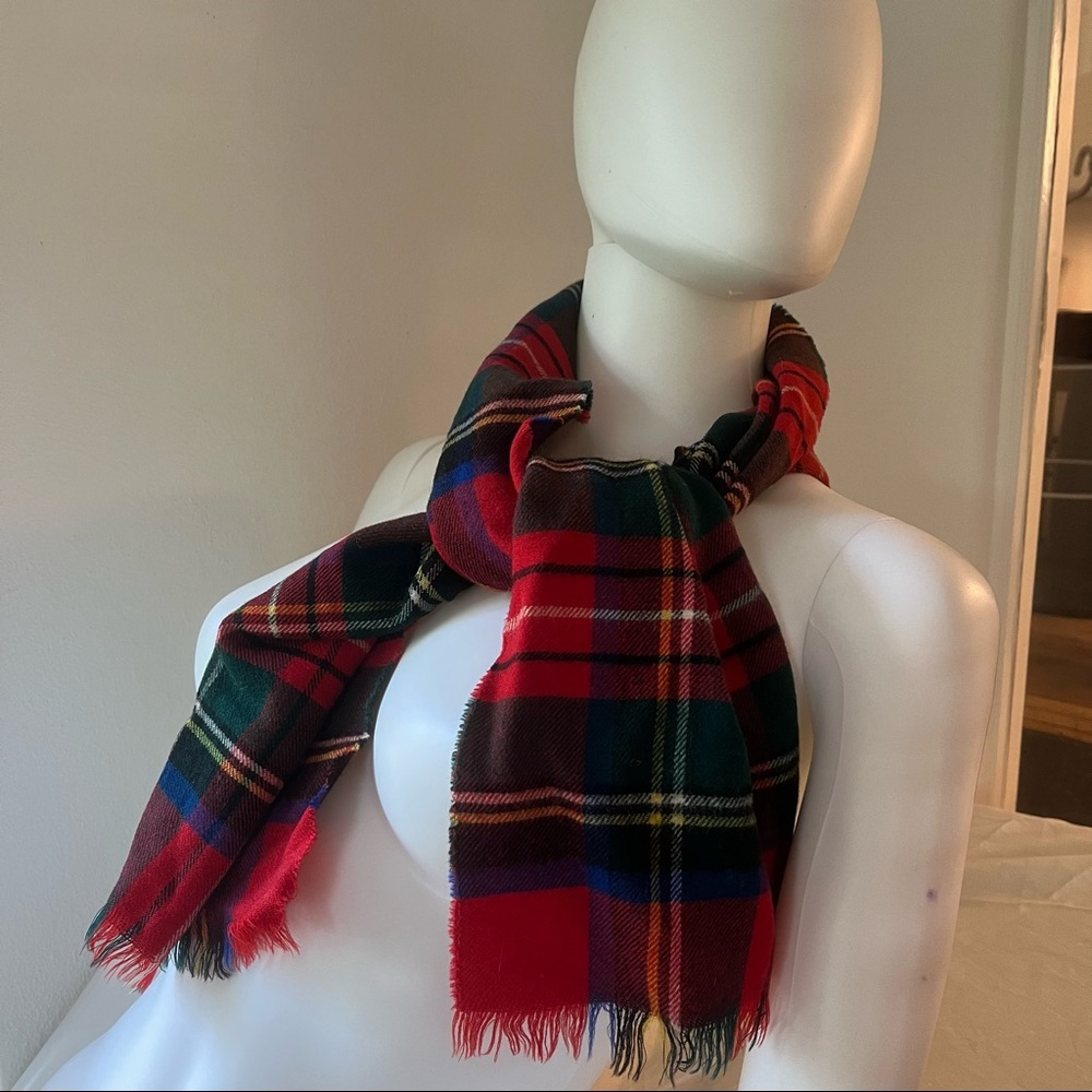 Vintage tartan 100% wool scarf plaid check wrap neck tie fringe Pendleton style